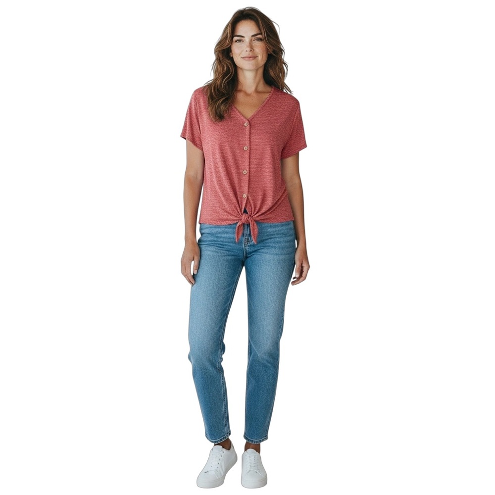 Weatherproof Coral Button Front Tie Bottom Short Sleeve Top Size M